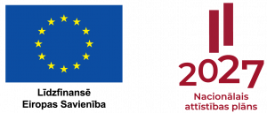 attēlā ir 2 logo eiropas savienības karogs zem kura ir uzsraksts Līdzfinansē Eiropas savienība un stilizēts LV karogs zem kura ir gada skaitlis 2027 un uzraksts Nacionālais attīstības plāns